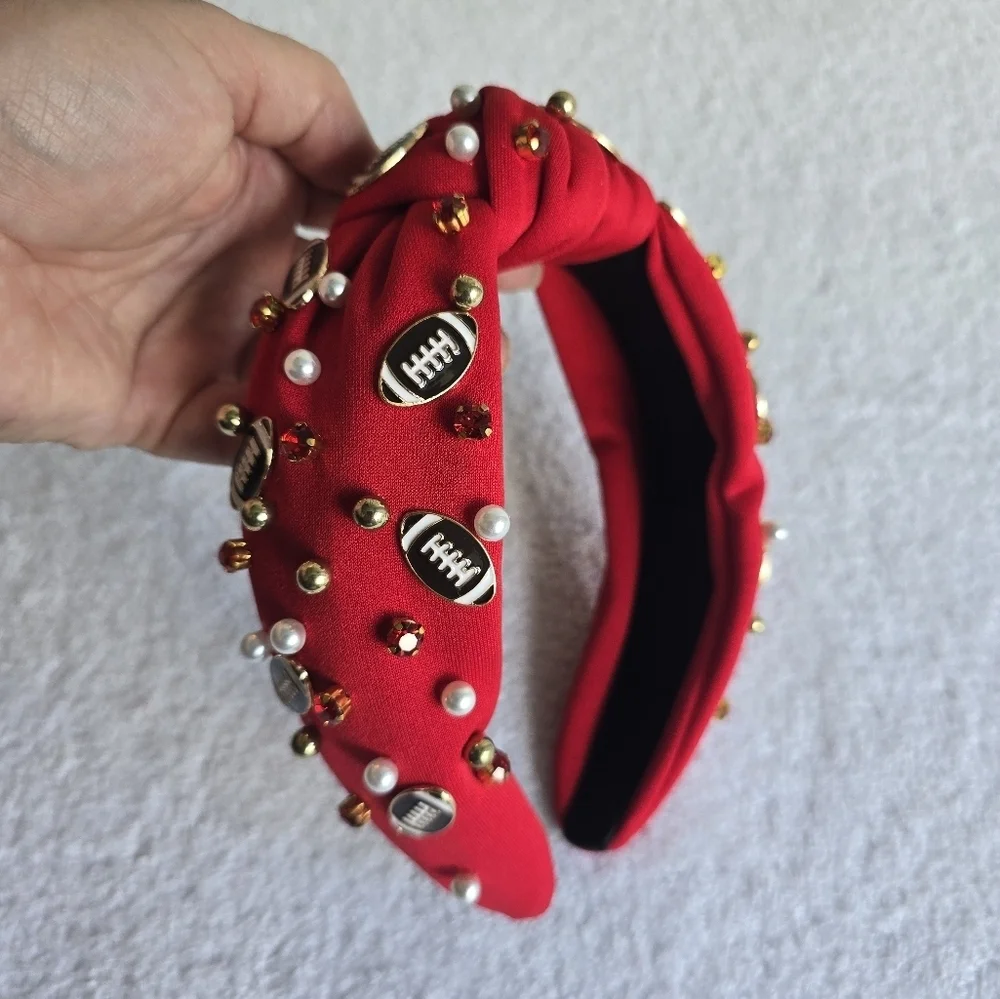 Red Beaded Headband with Football Accents